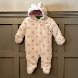 Babies R Us Snow Suit Faux Fur Heart Print Pink White Hood Baby Size 6 Months
